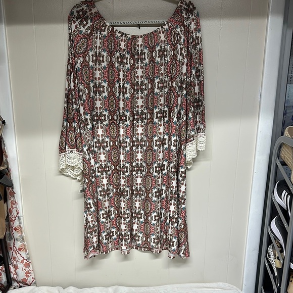 Allison Brittney Pink and Blue Sheath Midi Dress 3/4 Embroidered Sleeves - Picture 5 of 9